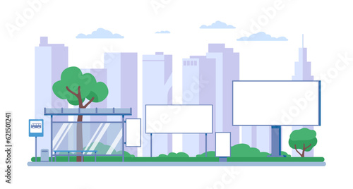 Urban advertising. White blank billboards and banners. City landscape. Downtown buildings and road signboard. Town marketing boards. Outdoor signage. Promotion lightbox. Vector concept