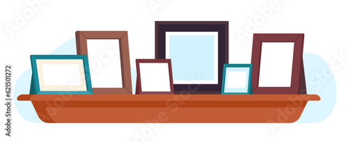 Wooden picture frames on bookshelf. Photographs and paintings. Shelf at wall. Family portraits. Empty frameworks group. Interior decorative elements. Photo exhibition. Vector concept