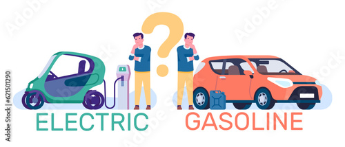 Young guy chooses electric or gasoline car. City eco transport. Dilemma between electromobile and petrol engine vehicle. Thoughtful person making decision. Solve question. Vector concept
