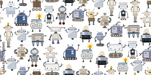 Colorful cartoon robots isolated background seamless pattern. Endless pattern with different robots. Repeating color simple flat pattern with monsters. Pattern for kids with cartoon characters. 