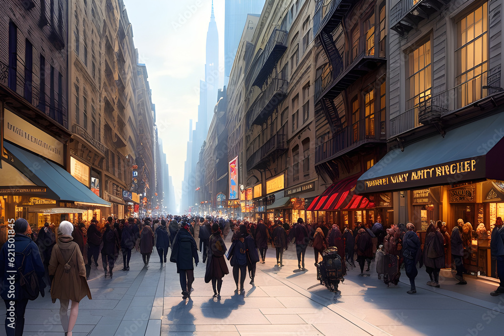 Obraz premium Illustration of a busy new york city street with crowds of people walking. (AI-generated fictional illustration)
