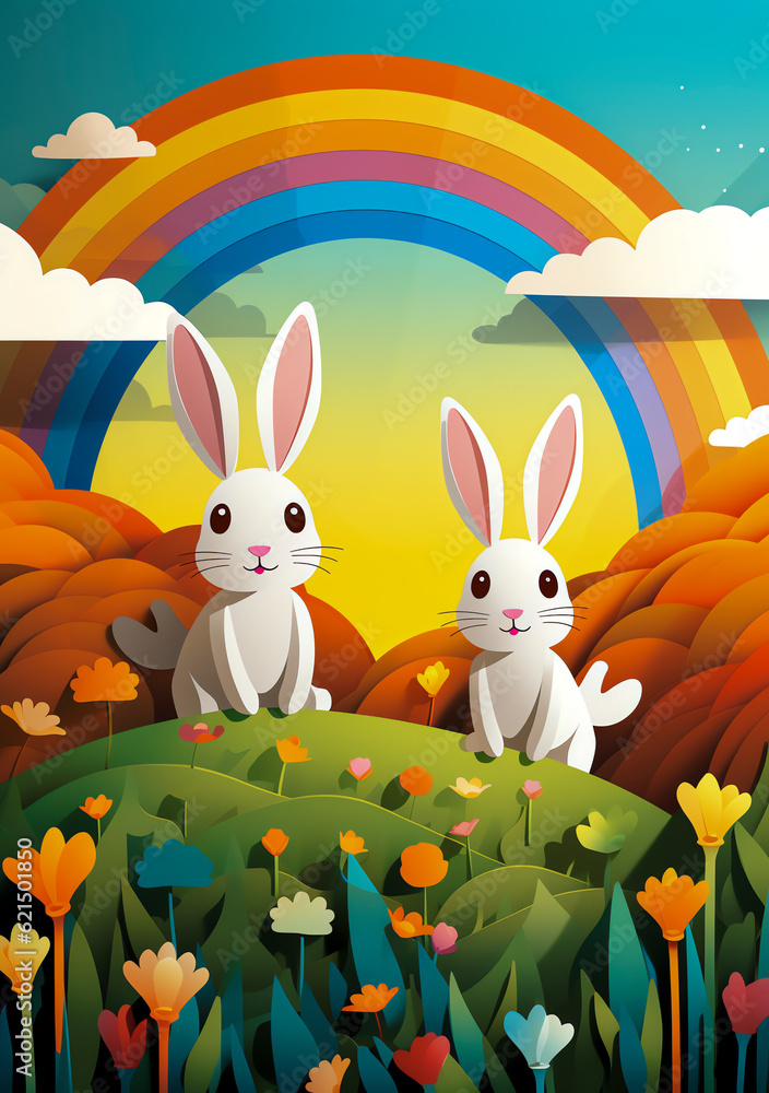 zwei Hasen unter einem Regenbogen Generative AI zwei Hasen unter einem Regenbogen Generative AI