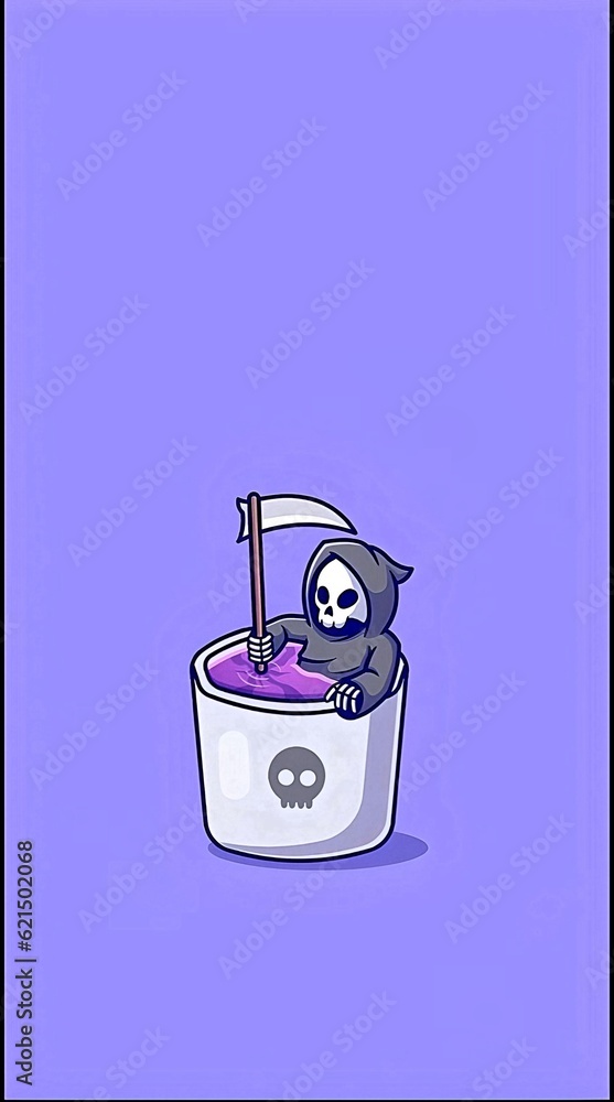 illustration of reaper lying in purple liquid in coffee mug