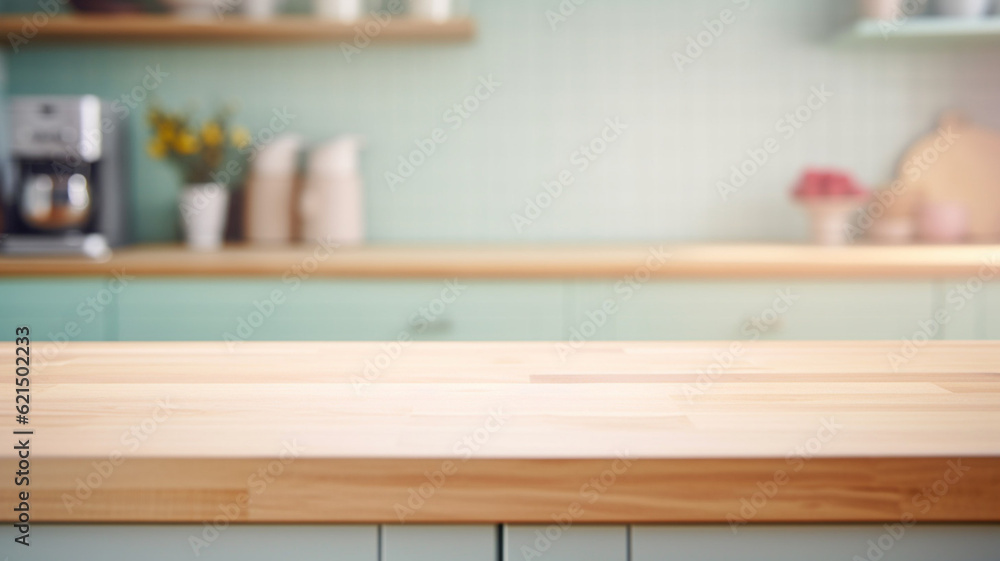 Wooden table on a modern kitchen with a blurred background. AI generated Wooden table on a modern kitchen with a blurred background. AI generated