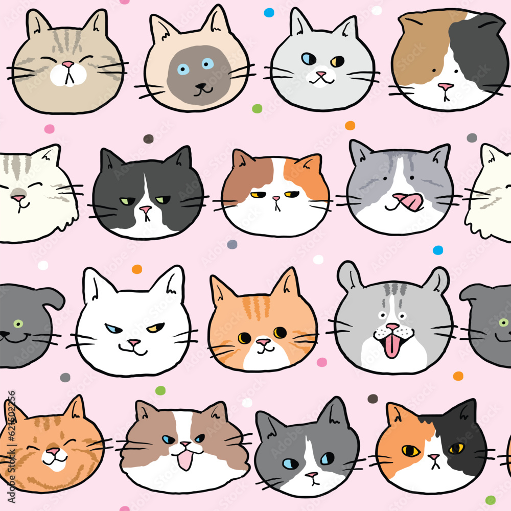 Seamless Pattern with Cartoon Cat Face Design on Light Pink Background