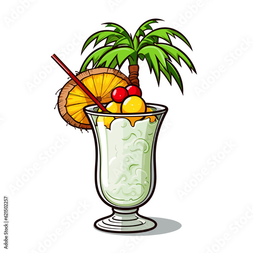 Pina Colada cocktail hand-drawn comic illustration. Pina Colada. Vector doodle style cartoon illustration
