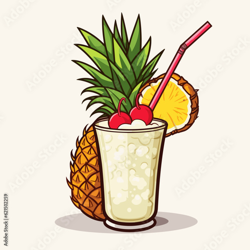 Pina Colada cocktail hand-drawn comic illustration. Pina Colada. Vector doodle style cartoon illustration
