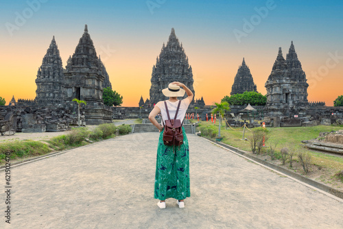 Photos Woman traveler at Prambanan temple near Yogyakarta city, Central Java, Indonesia