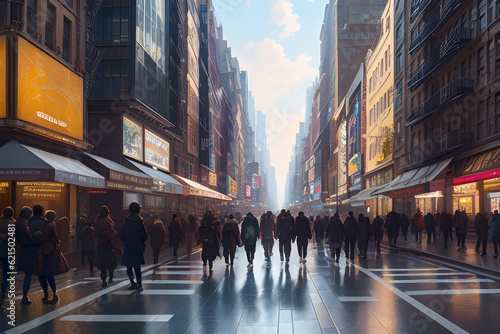 Illustration of a busy new york city street with crowds of people walking. (AI-generated fictional illustration) 