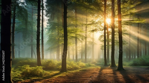 Wallpaper Mural  the sun shines through the trees in a forest filled with tall trees.  generative ai Torontodigital.ca