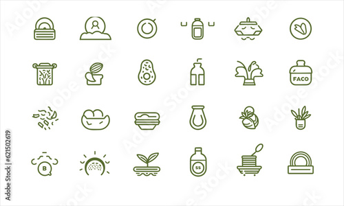 Food allergen line icons set. Product features - palm, salt, vegan, chemicals,soy-free, peanut, gluten, dairy, grain, diet vector illustration. Outline signs for meal labels. Must Be Editable Stroke