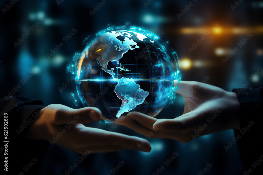 hand holding hologram of world and earth, digital technology, create using generative AI hand holding hologram of world and earth, digital technology, create using generative AI