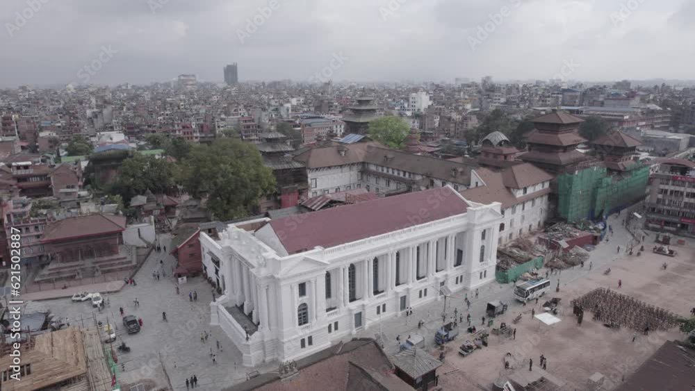 Nepal Kathmandu Durbar Square Gaddi Baithak Aerial Shot Rotate L Descend Log - World Heritage Site Nepal Kathmandu Durbar Square Gaddi Baithak Aerial Shot Rotate L Descend Log - World Heritage Site