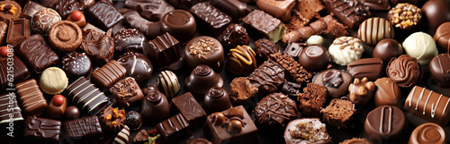 Image of delicious chocolates of different shapes and with different fillings. Horizontal image.Generative AI