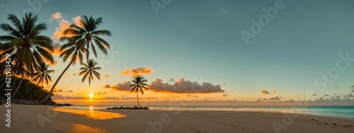 Paradise beach of a tropical island, palm trees, white sand, azure water. Famous stone beach in the Seychelles. Generative AI.