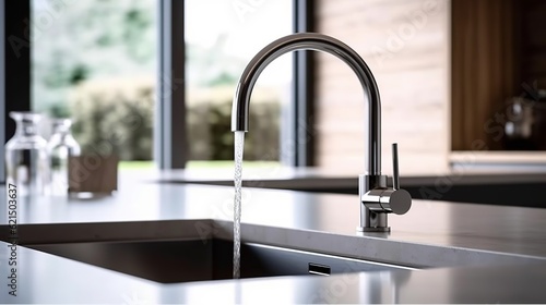 Save water. Tap in the minimalist kitchen is open and water flows from. Home savings. Generative AI