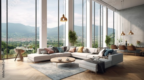 Designed main area a living room  with stunning panoramic light windows. Generative AI