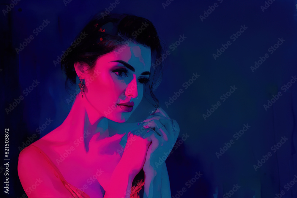 Sensual woman in neon ultraviolet light watercolor drawing, AI generative. Sensual woman in neon ultraviolet light watercolor drawing, AI generative.
