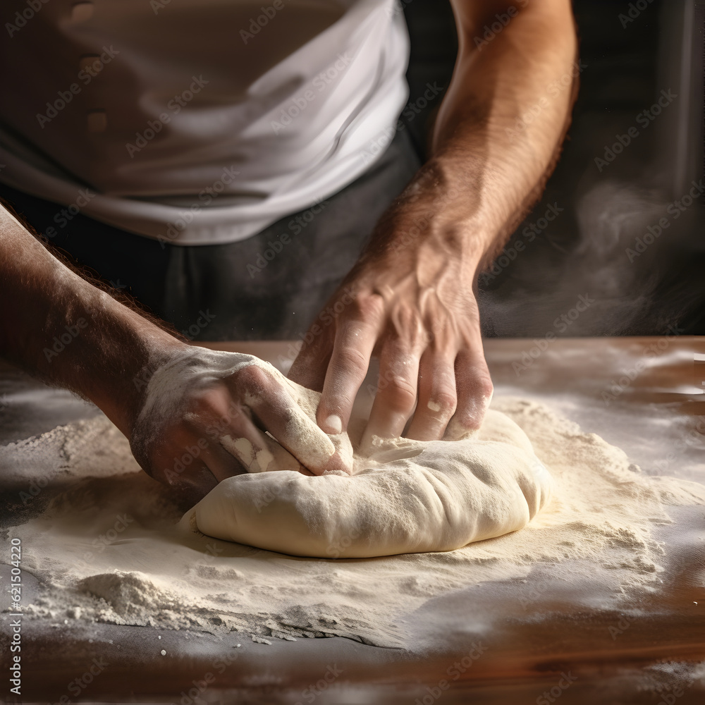 hands kneading dough on table