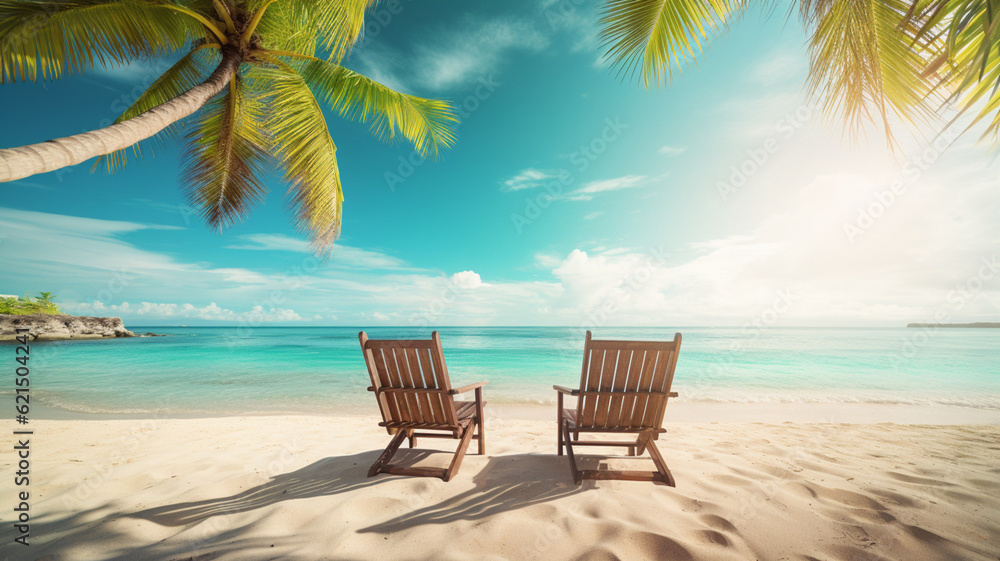 Chairs on a beach with a sand and palms. Ocean view. AI generated