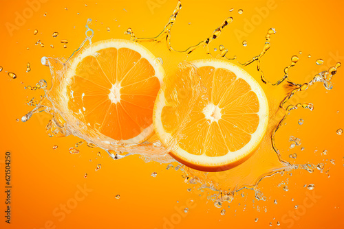 Creative layout made from Fresh Sliced oranges and Orange fruit and water Splashing on a orange background. 