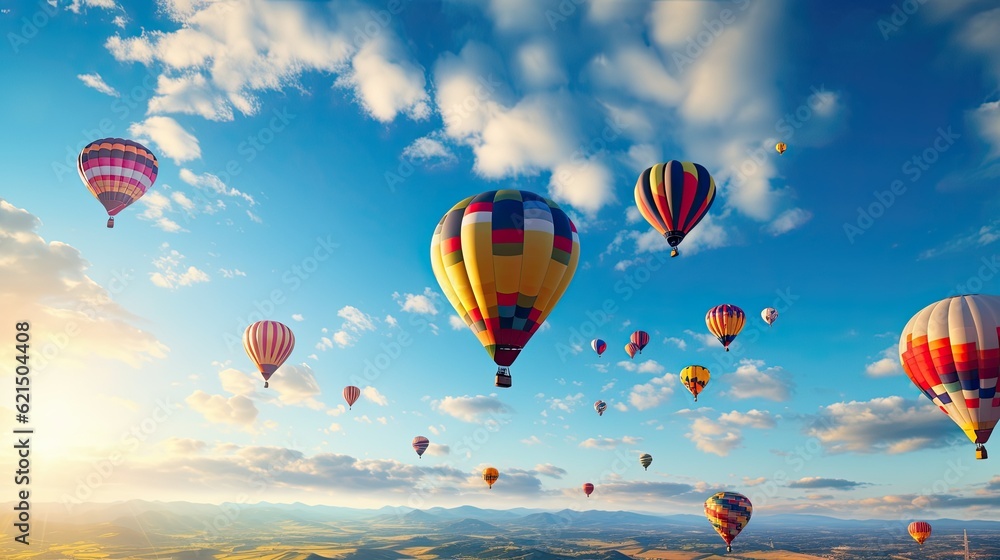 Obraz premium A group of colorful hot air balloons floating gracefully in the sky, offering a breathtaking aerial view. generative ai