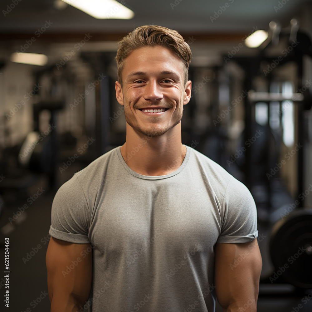 Fototapeta premium Portrait of handsome muscular man smiling and standing in the background of sport gym. created with generative AI technology.