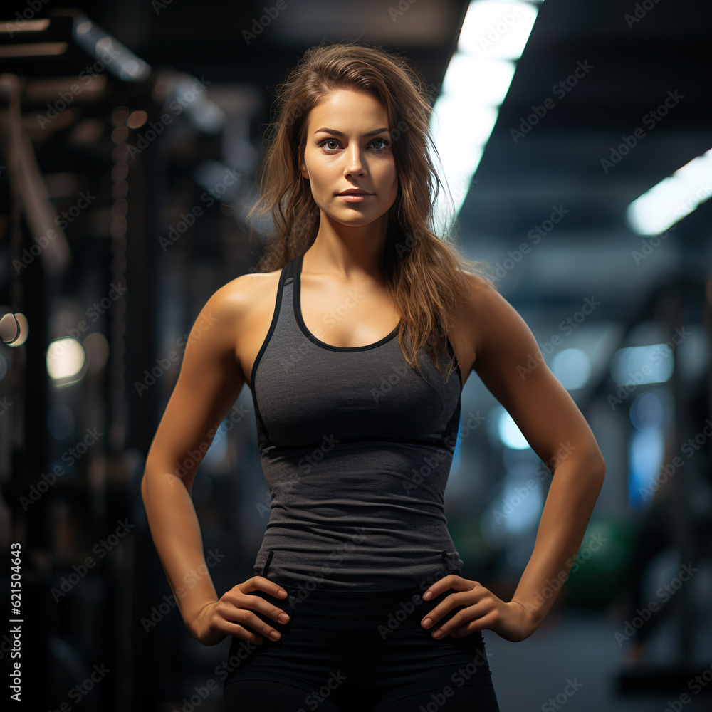 Portrait of beauty woman standing with activewear in the background of sport gym. created with generative AI technology. Portrait of beauty woman standing with activewear in the background of sport gym. created with generative AI technology.