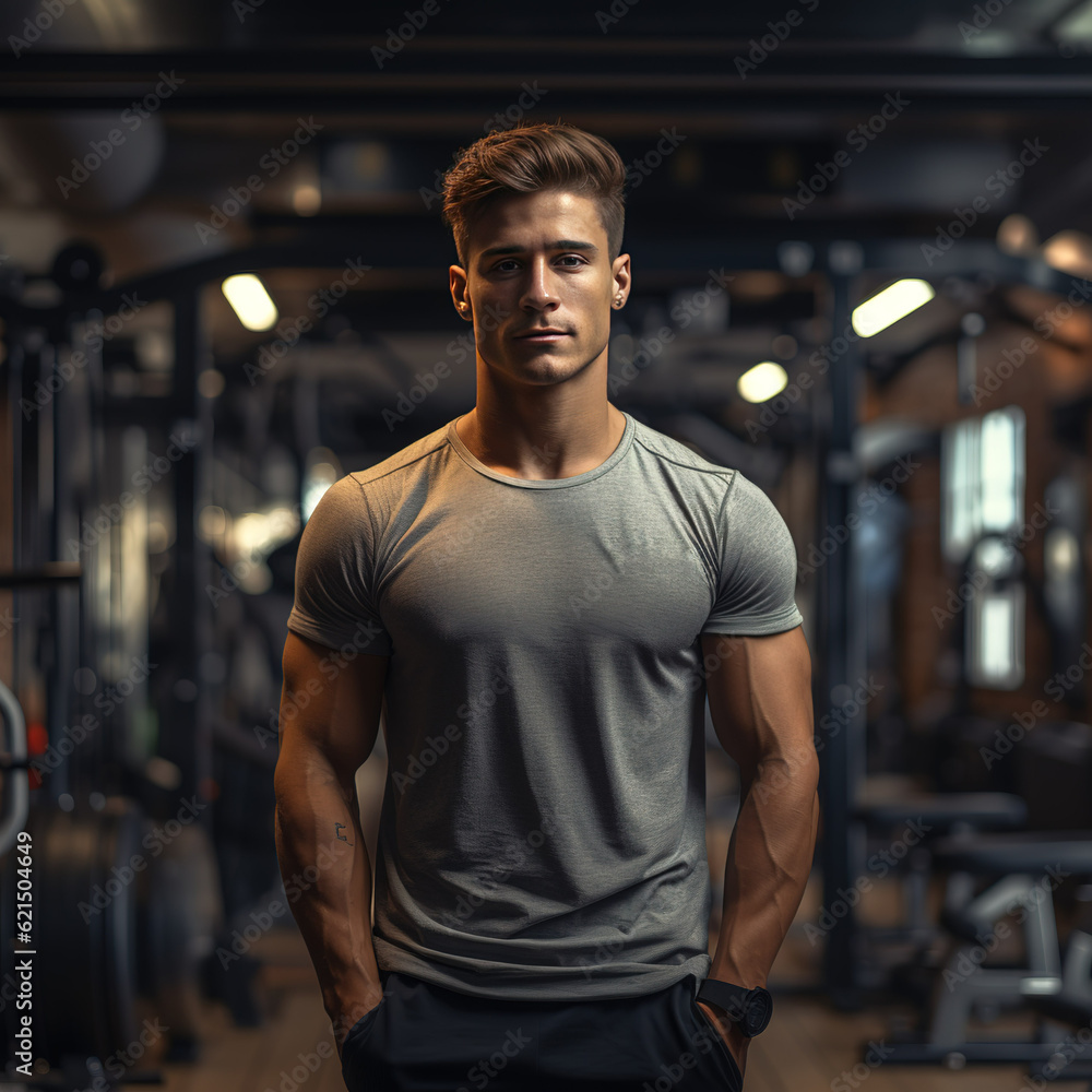 Portrait of handsome muscular man standing in the background of sport gym. created with generative AI technology. Portrait of handsome muscular man standing in the background of sport gym. created with generative AI technology.