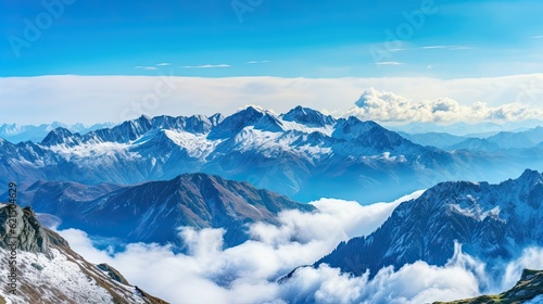 A panoramic view of a majestic mountain range, with snow-capped peaks rising above a sea of clouds, embracing the awe-inspiring beauty of nature. generative ai © Creative Station