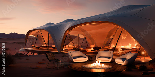 Luxurious view of a tent in the desert with outdoor seating around a fire. © Александр Марченко