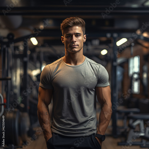 Portrait of handsome muscular man standing in the background of sport gym. created with generative AI technology.
