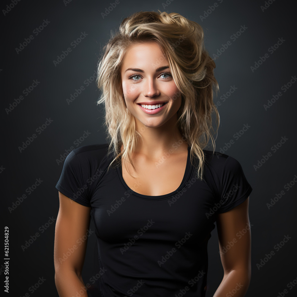 Portrait of beauty woman standing with activewear in dark background created with generative AI technology. Portrait of beauty woman standing with activewear in dark background created with generative AI technology.