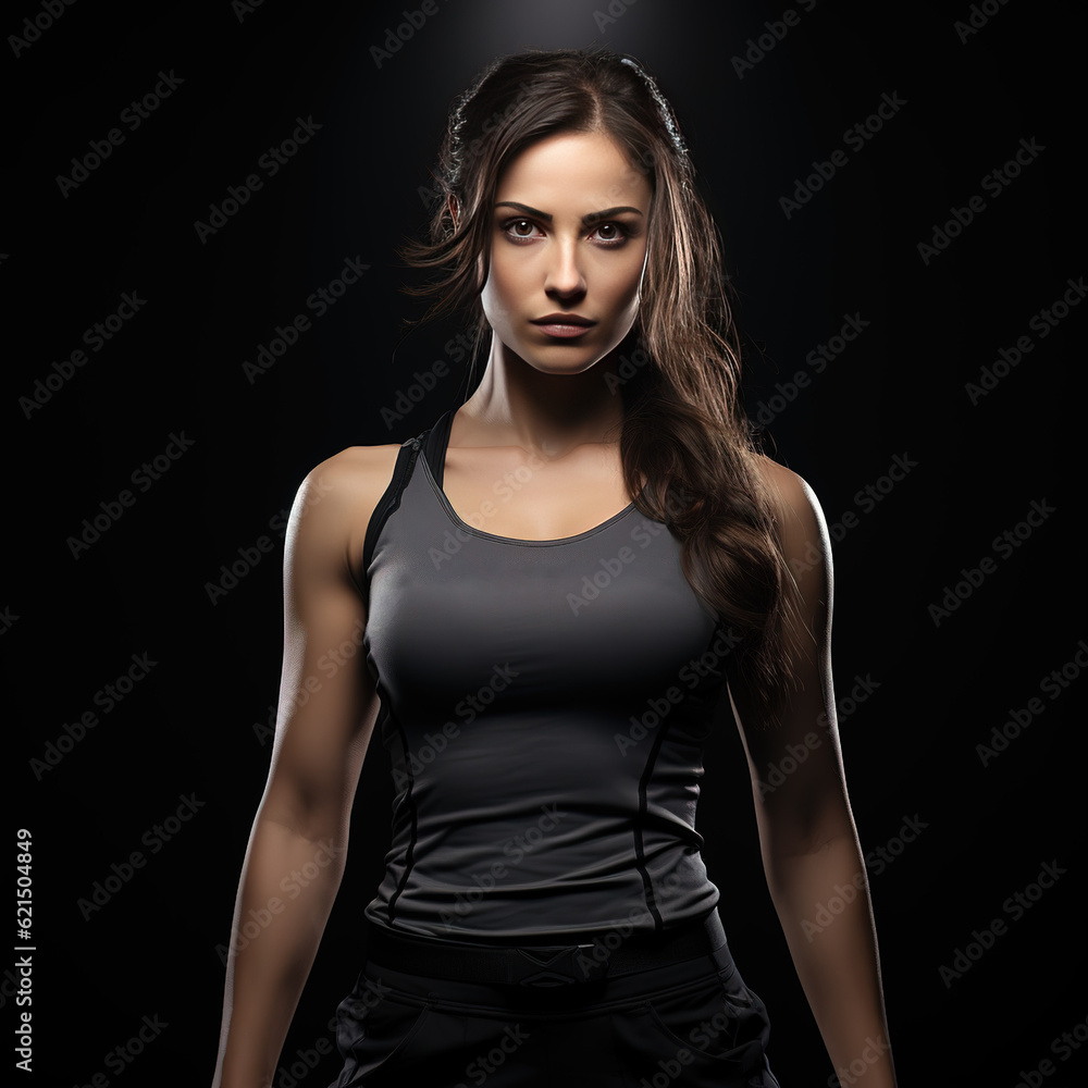Portrait of beauty woman standing with activewear in dark background created with generative AI technology. Portrait of beauty woman standing with activewear in dark background created with generative AI technology.