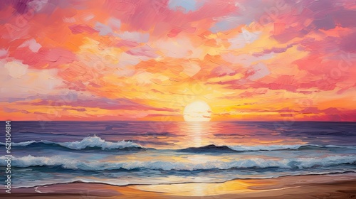 Fotografia, Obraz A stunning sunset painting the sky in shades of orange and pink, casting a golden glow over the tranquil ocean