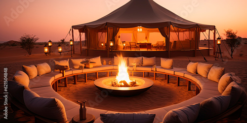 Luxurious view of a tent in the desert with outdoor seating around a fire.  © Александр Марченко