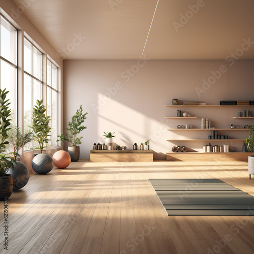 Yoga gym interior with equipment, daylight and wooden flooring. created with generative AI technology.