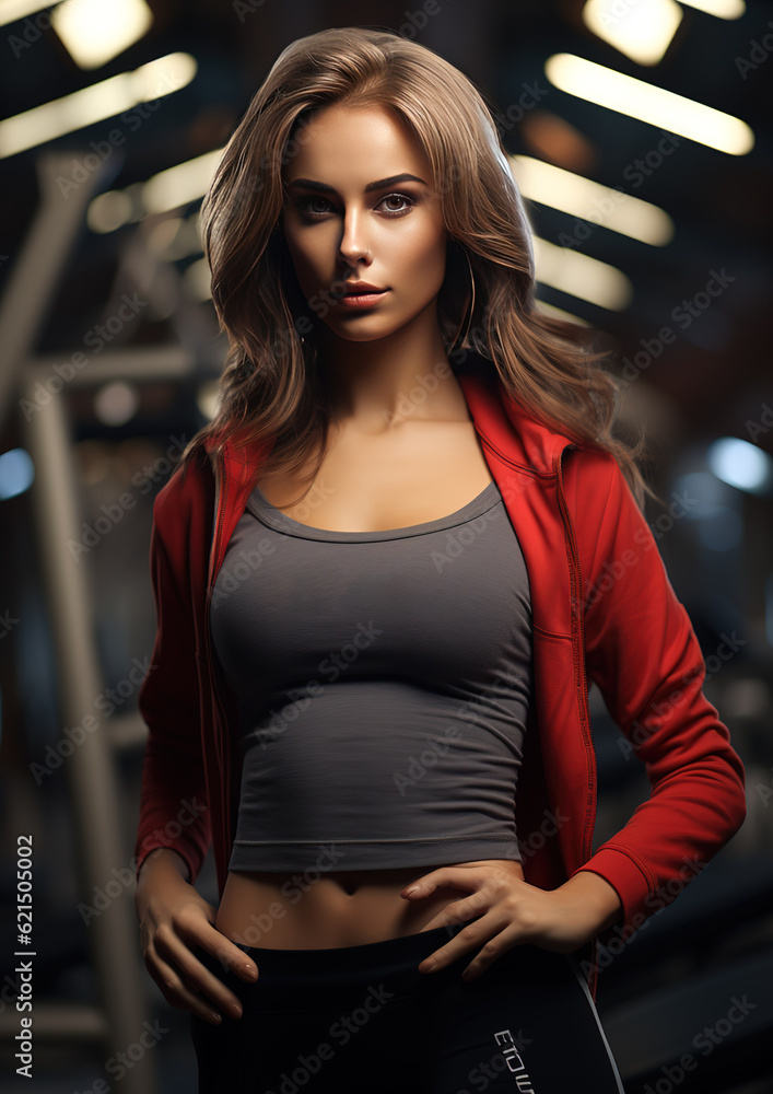 Portrait of beauty woman standing with activewear in the background of sport gym. created with generative AI technology.