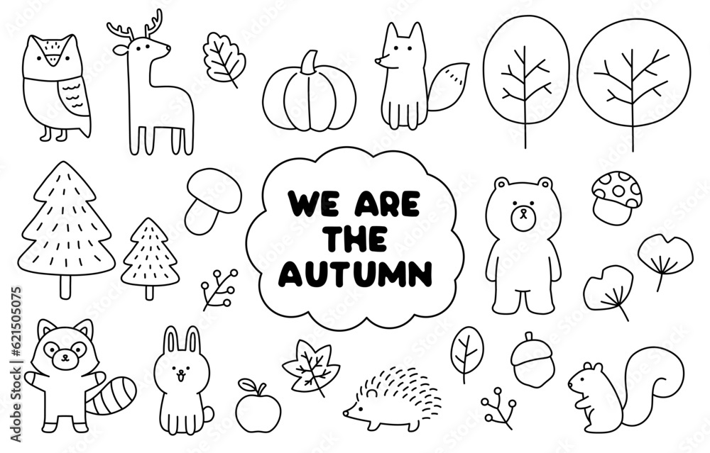 Fototapeta premium We areThe Autumn (Black and White) is cute doodle vector autumn elements in black and white colors stroke.
