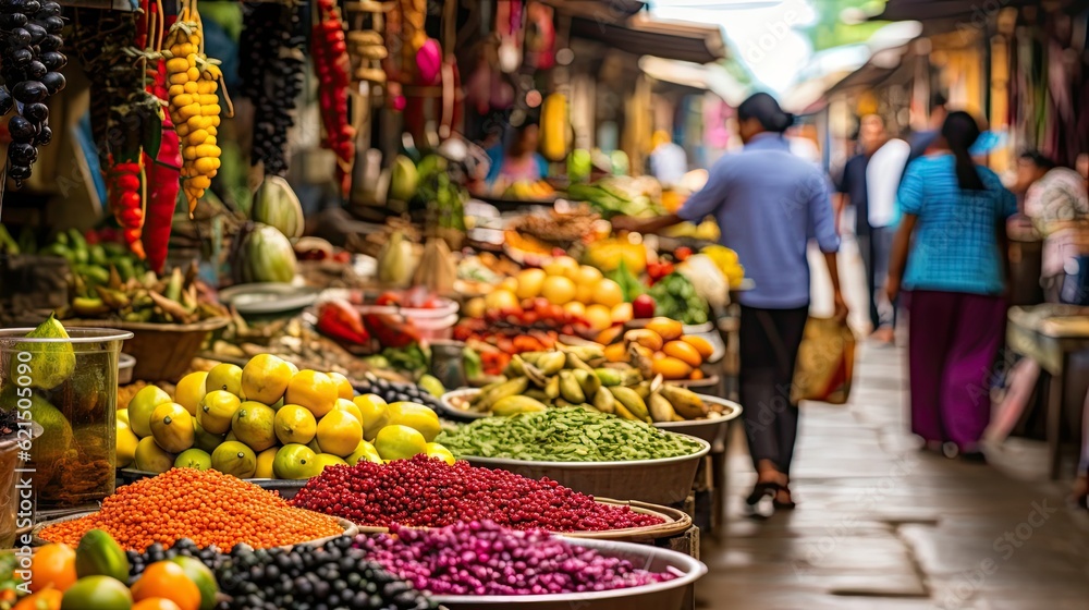 A vibrant and bustling street market, with vendors selling exotic fruits, colorful textiles, and fragrant spices, immersing visitors in a sensory feast. generative ai