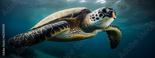 Hawaiian Green Sea Turtle (Chelonia mydas) swimming underwater. selective focus. © Slava