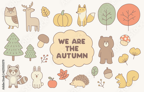 Fototapeta Naklejka Na Ścianę i Meble -  We areThe Autumn (Color with Stroke) is cute vector autumn elements in pastel colors with stroke.