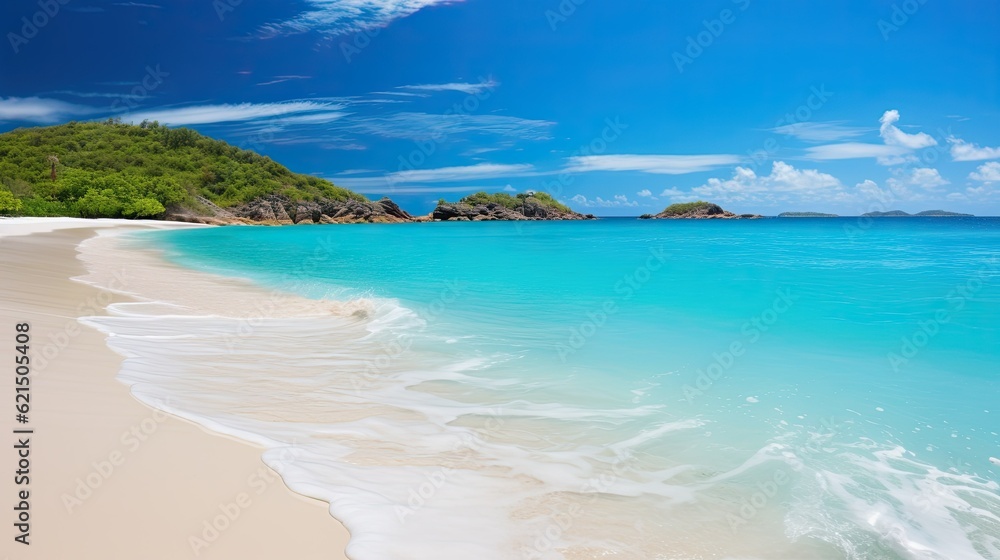 The tranquil shores of a pristine beach, with crystal-clear turquoise waters gently lapping against soft sand. generative ai The tranquil shores of a pristine beach, with crystal-clear turquoise waters gently lapping against soft sand. generative ai