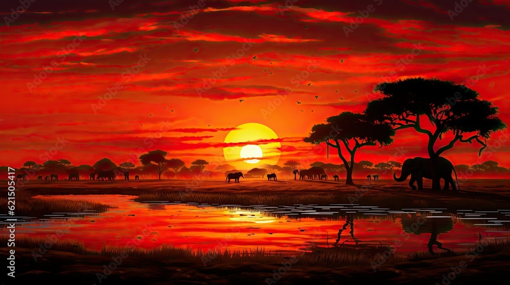 A captivating and fiery sunset over a vast savannah, with silhouettes of roaming wildlife creating a stunning African landscape. generative ai