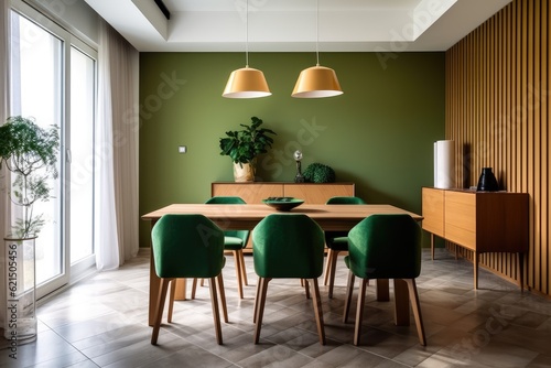 Interior design of modern dining room, wooden table and green chairs. Generative AI