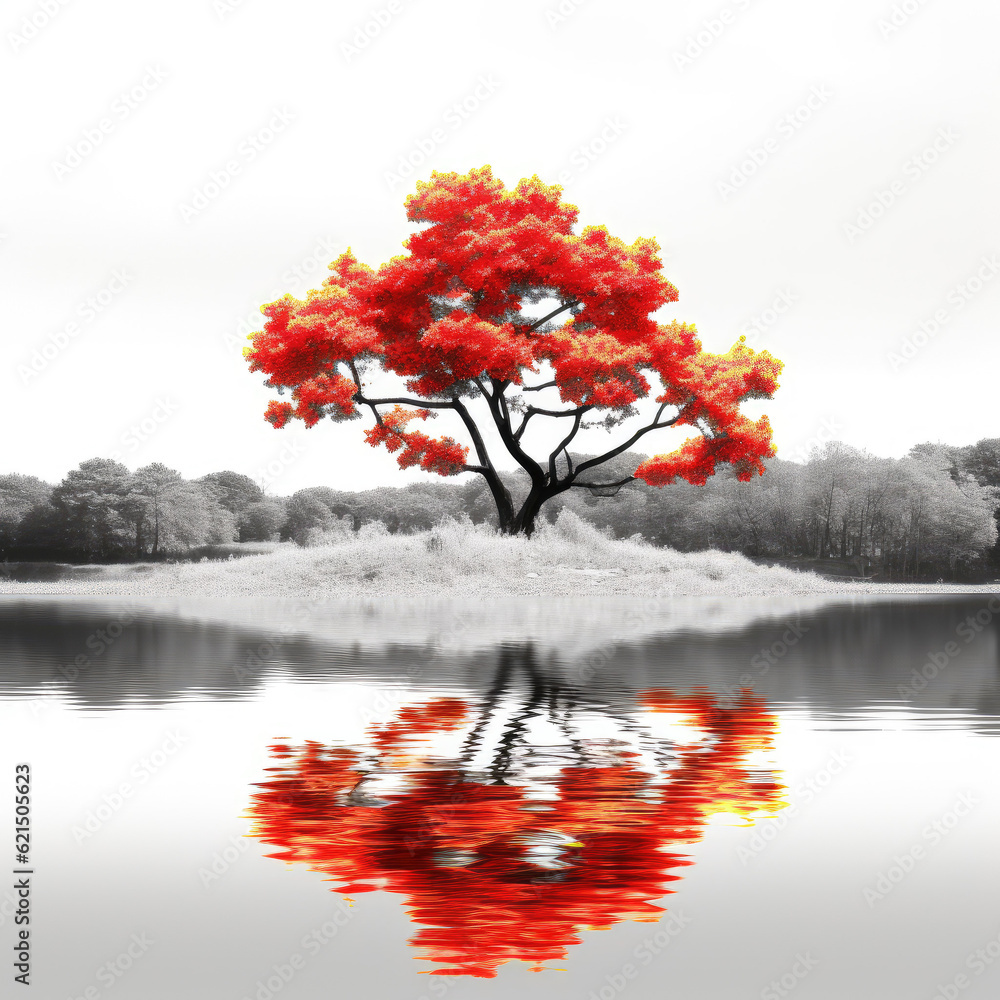 tree in autumn, zen landscape lake reflection - by generative ai