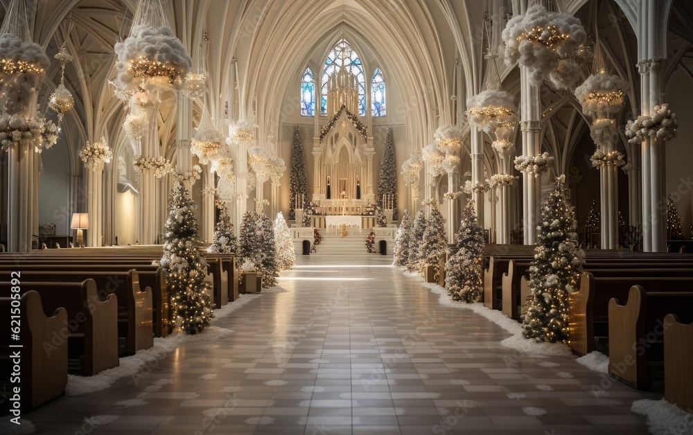 The interior decoration of a church on Christmas The interior decoration of a church on Christmas