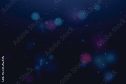 Blurred bokeh light on dark blue background. Defocused blinking stars and sparks. Abstract vector illustration