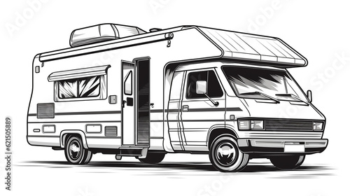 Camper van caravan motorhome with awning monochrom on white background