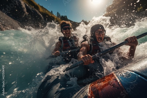 Two people rafting in a bubbly river